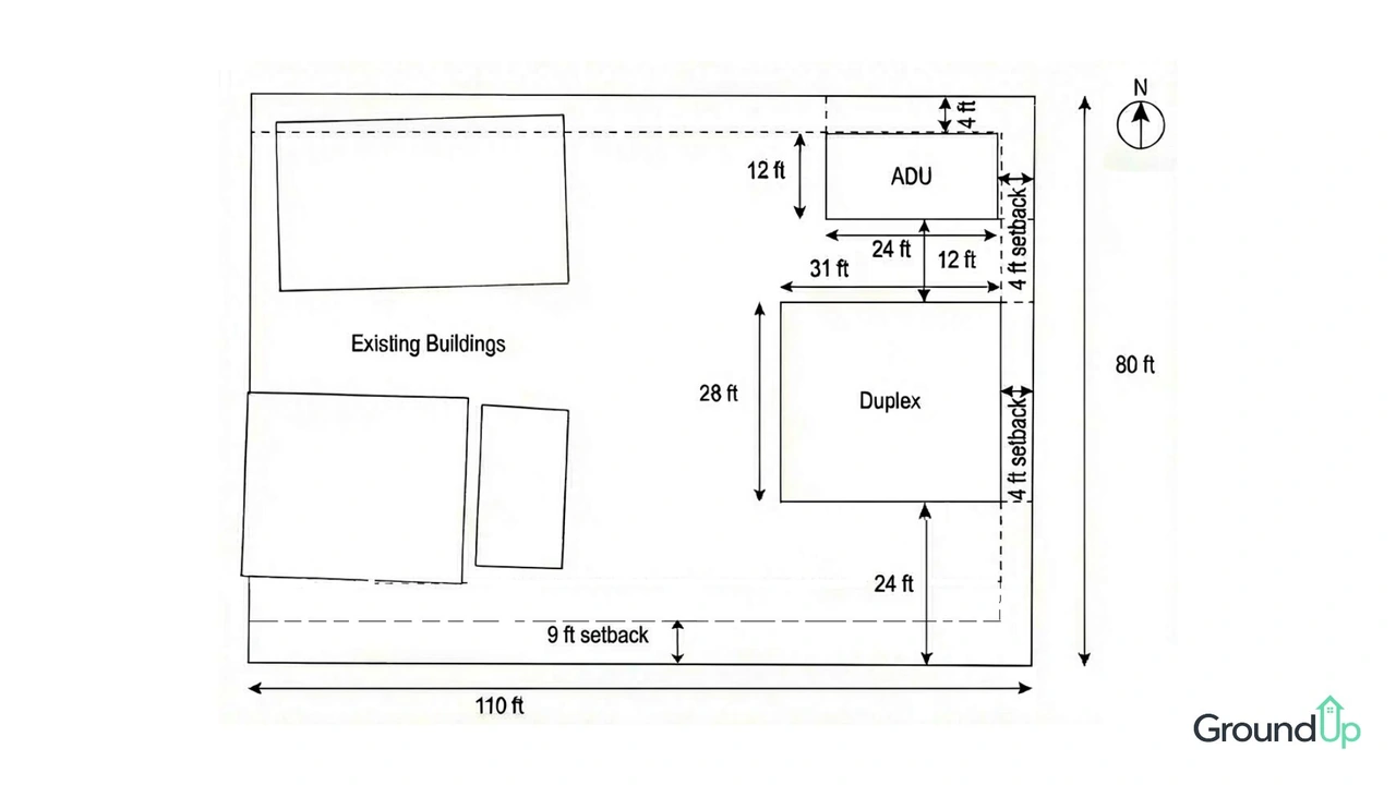 Alternative Oliver Street conceptual site plan showing a 12-foot-wide ADU alongside the proposed duplex and retained buildings.