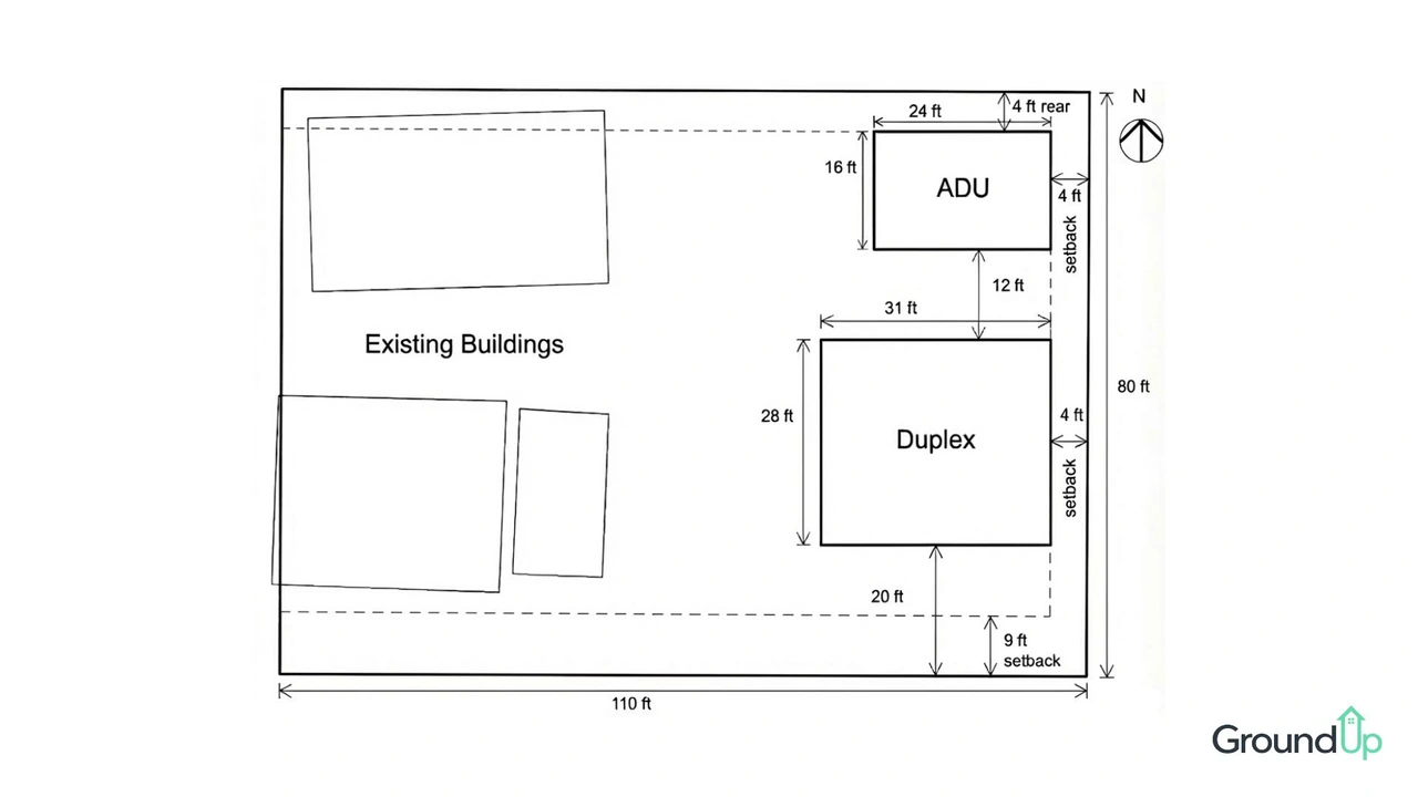 Oliver Street conceptual site plan showing a 16-foot-wide ADU beside a proposed duplex and existing buildings.