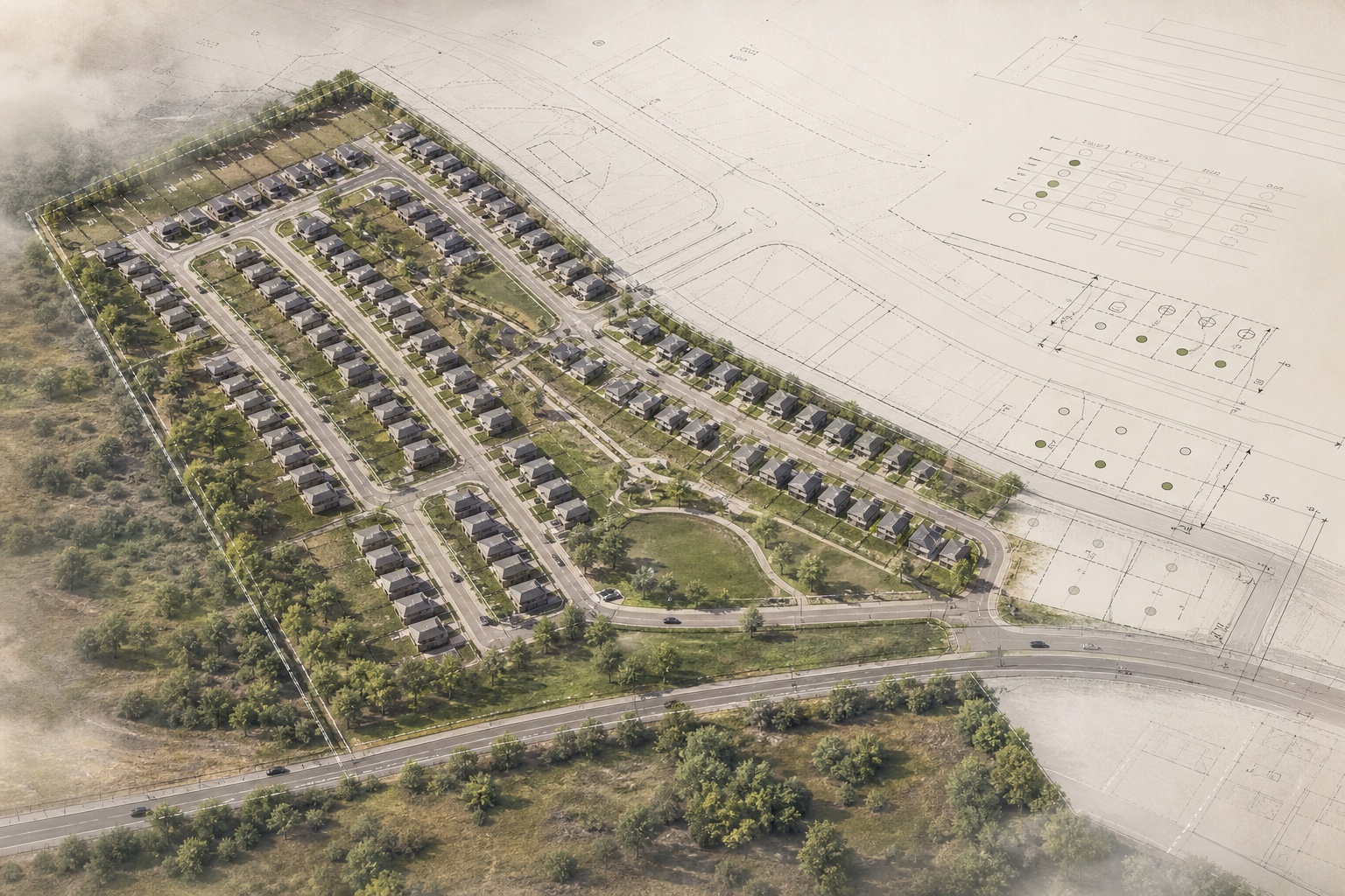 An oblique site plan with repeatable homes integrated into streets, lots, and yield-study overlays