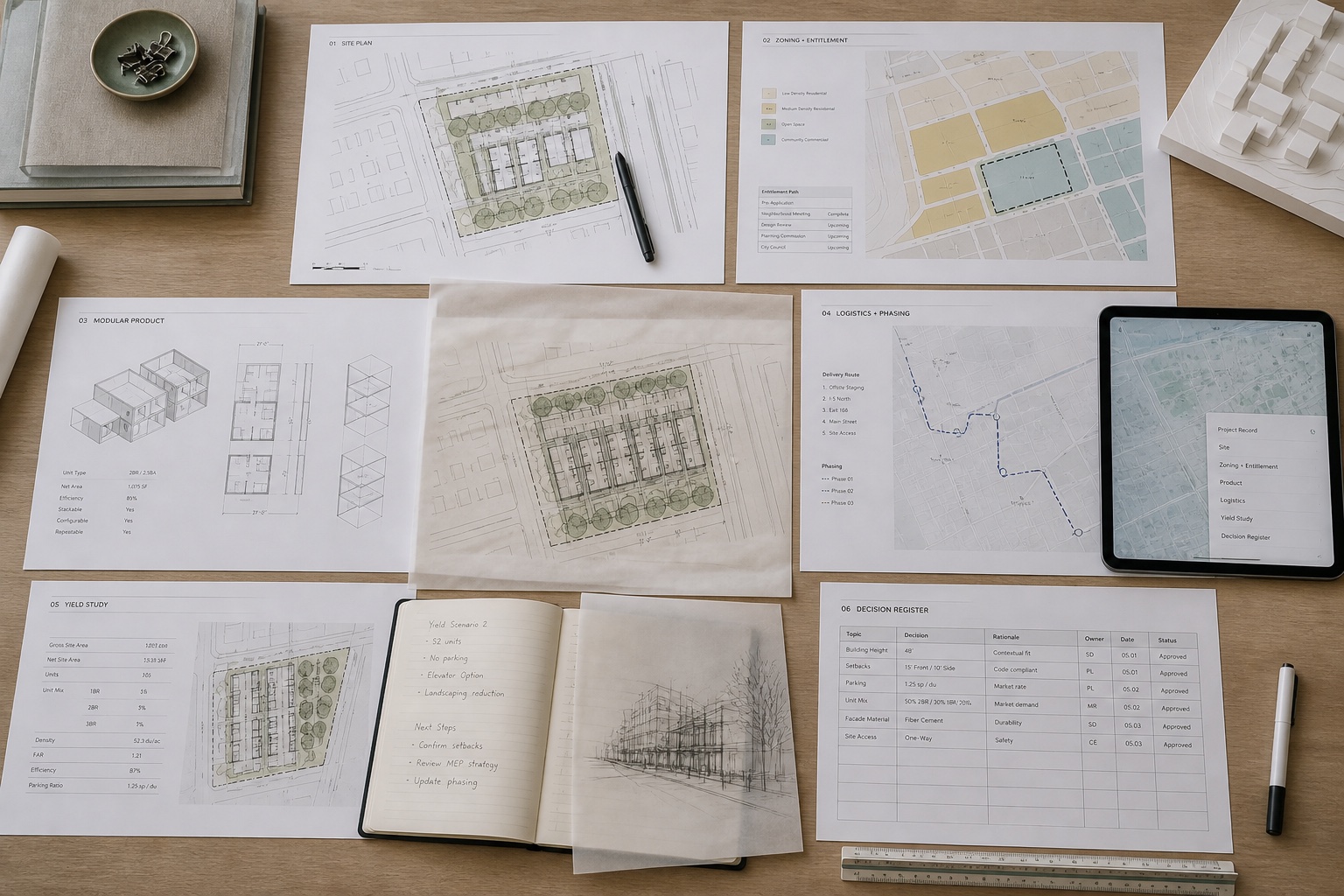 Coordinated development documents connecting site planning, zoning, modular product, logistics, yield, and decisions