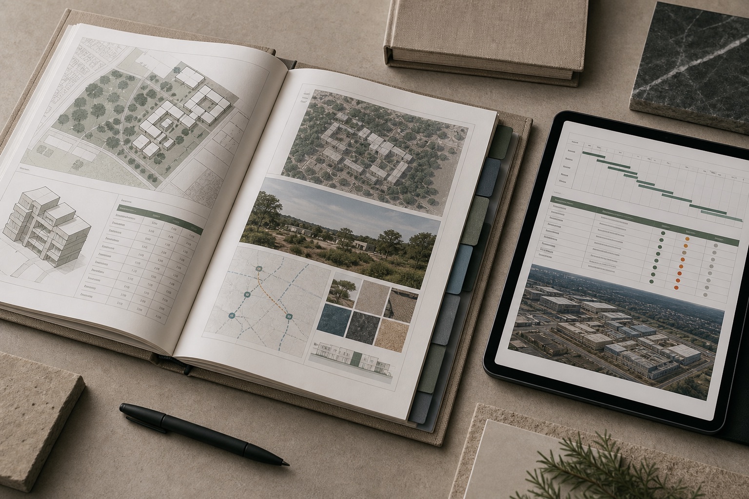 A Development Project Package presented as an open project binder beside a digital project record