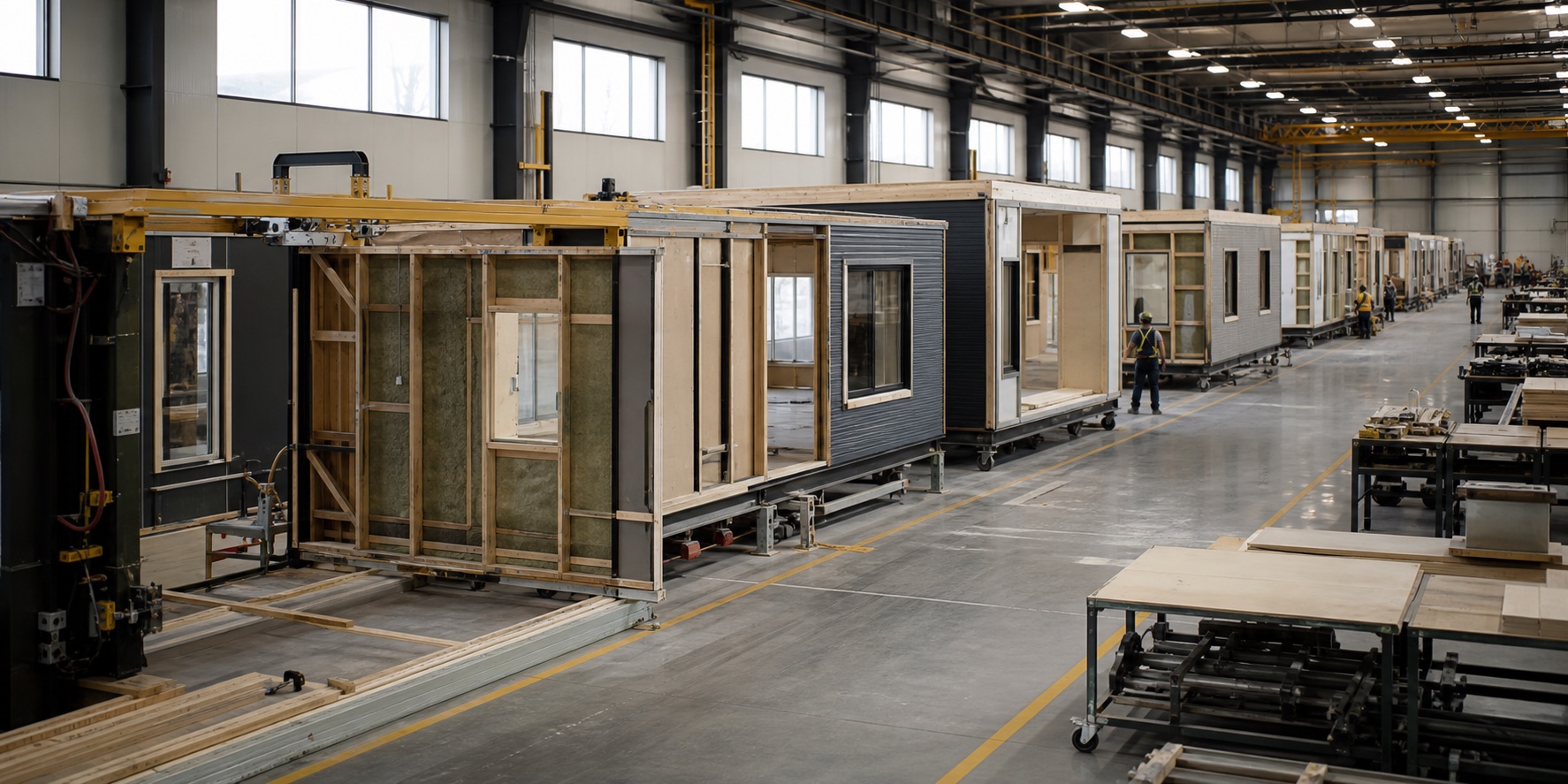 A modular housing production line with repeatable home modules moving through factory workstations