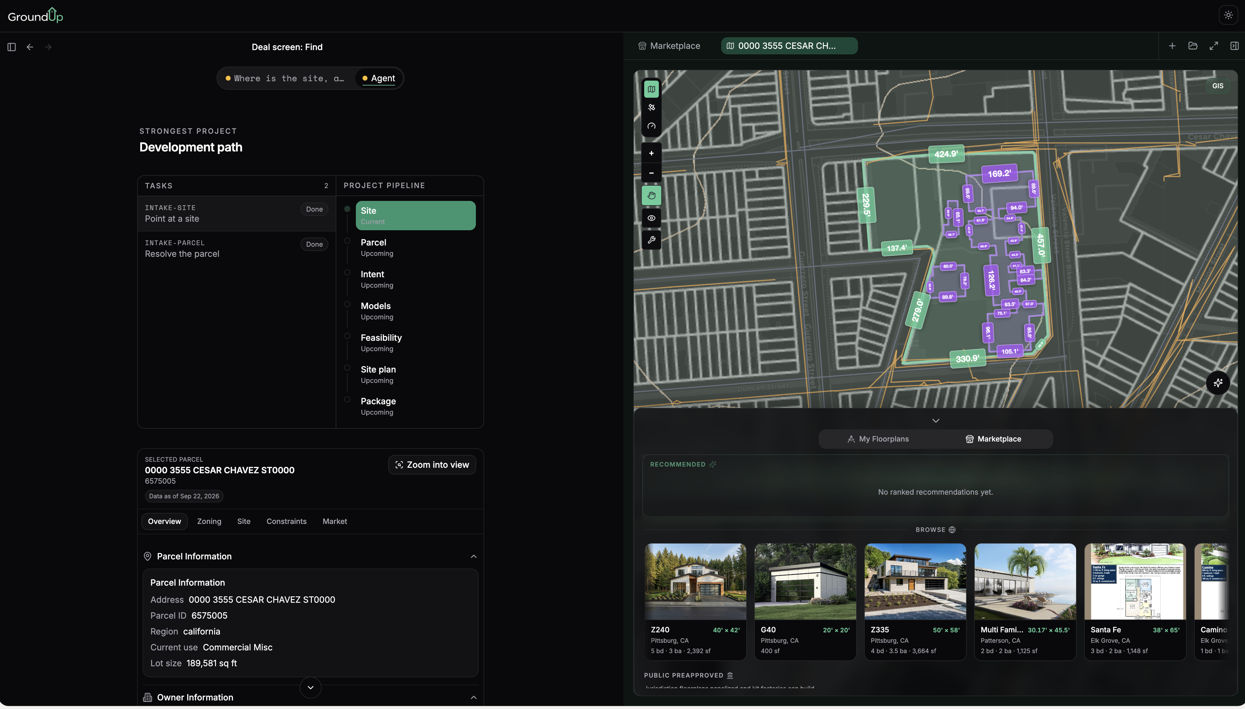 GroundUp development-path workspace with a site screen, parcel details, and factory-built home options